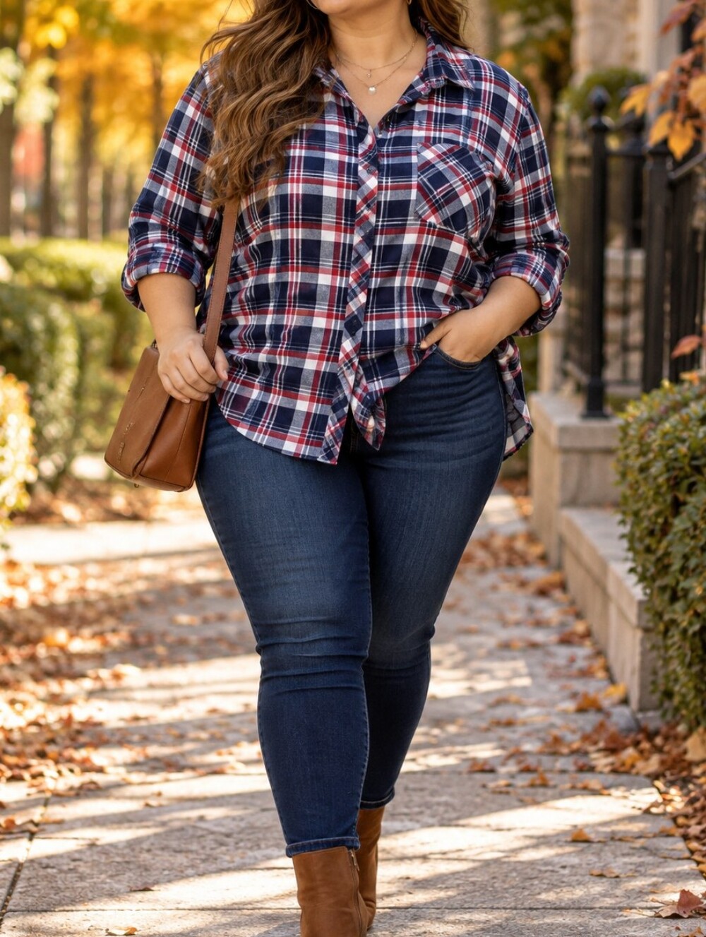 MyStyle Plus Size Navy Red White Plaid Button Down Shirt Flannel Cottagecore
